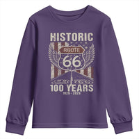 Historic Route Highway 66 100 Years Anniversary Youth Sweatshirt Highway Road Sign Wings Vintage American Flag