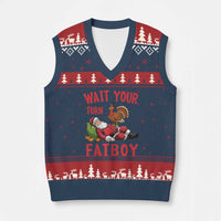 Funny Thanksgiving Xmas V-Neck Knit Sweater Vest Wait Your Turn Fat Boy Turkey Santa - Wonder Print Shop