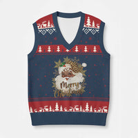 Funny Retro Black Santa Merry Xmas Leopard V-Neck Knit Sweater Vest - Wonder Print Shop