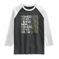 Retired 2025 Military Phonetic Alphabet Retirement Raglan Shirt Vintage Camouflage Flag