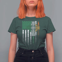 Irish Pride T Shirt For Women American Flag Celtic Cross Shamrock St Patrick's Day