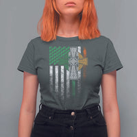 Irish Pride T Shirt For Women American Flag Celtic Cross Shamrock St Patrick's Day