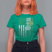 Irish Pride T Shirt For Women American Flag Celtic Cross Shamrock St Patrick's Day