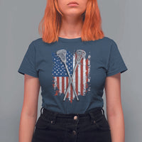 Funny Patriotic Lax Lacrosse Sticks American Flag T Shirt For Women