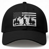 Patriotic Bigfoot American Flag in Forest Baseball Cap