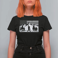 Patriotic Bigfoot American Flag in Forest T Shirt For Women