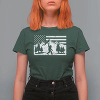Patriotic Bigfoot American Flag in Forest T Shirt For Women