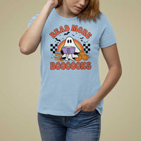Halloween Teacher T Shirt For Women Read More Books Cute Ghost Reading Pumpkin - Wonder Print Shop