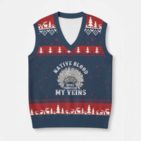 Native Blood Runs Through My Veins V-Neck Knit Sweater Vest Native American War Bonnet - Wonder Print Shop