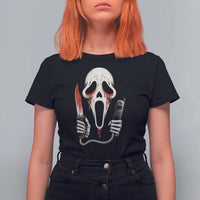 Funny Halloween Scary Face Ghost T Shirt For Women Horror Slasher Bloody Knife - Wonder Print Shop