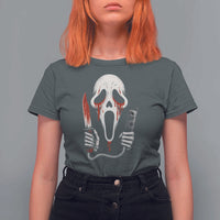 Funny Halloween Scary Face Ghost T Shirt For Women Horror Slasher Bloody Knife - Wonder Print Shop