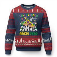 Funny This Teacher Loves Mardi Gras Ugly Christmas Sweater King Cake Jester Hat