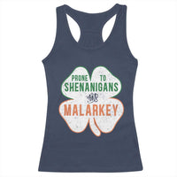 Prone to Shenanigans and Malarkey Racerback Tank Top Funny St Patricks Day Shamrock