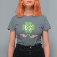 67 St Patricks Day T Shirt For Women Six Seven Meme Shamrock Hand Gesture