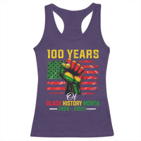 100 Years Of Black History Month Racerback Tank Top Hand Fist African American Milestone American Flag