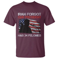 Iran Forgot Our President Has 34 Felonies T Shirt Funny Political Satire Vintage American Flag