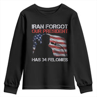 Iran Forgot Our President Has 34 Felonies Youth Sweatshirt Funny Political Satire Vintage American Flag