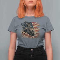 Patiotic Bull Rider Vintage Bull Riding Cowboy American Flag T Shirt For Women