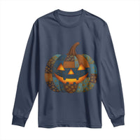 Halloween Blue Denim Patchwork Spooky Pumpkin Long Sleeve Shirt - Wonder Print Shop