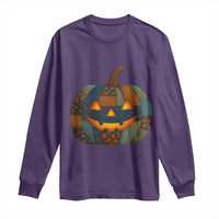 Halloween Blue Denim Patchwork Spooky Pumpkin Long Sleeve Shirt - Wonder Print Shop