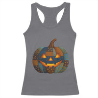 Halloween Blue Denim Patchwork Spooky Pumpkin Racerback Tank Top - Wonder Print Shop