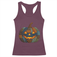 Halloween Blue Denim Patchwork Spooky Pumpkin Racerback Tank Top - Wonder Print Shop