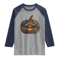 Halloween Blue Denim Patchwork Spooky Pumpkin Raglan Shirt - Wonder Print Shop