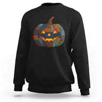 Halloween Blue Denim Patchwork Spooky Pumpkin Sweatshirt - Wonder Print Shop