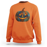 Halloween Blue Denim Patchwork Spooky Pumpkin Sweatshirt - Wonder Print Shop