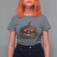 Halloween Blue Denim Patchwork Spooky Pumpkin T Shirt For Women - Wonder Print Shop