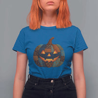 Halloween Blue Denim Patchwork Spooky Pumpkin T Shirt For Women - Wonder Print Shop