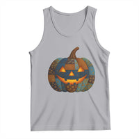 Halloween Blue Denim Patchwork Spooky Pumpkin Tank Top - Wonder Print Shop