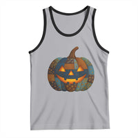 Halloween Blue Denim Patchwork Spooky Pumpkin Tank Top - Wonder Print Shop