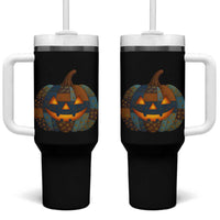 Halloween Blue Denim Patchwork Spooky Pumpkin Tumbler With Handle - Wonder Print Shop