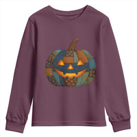 Halloween Blue Denim Patchwork Spooky Pumpkin Youth Sweatshirt - Wonder Print Shop
