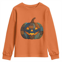 Halloween Blue Denim Patchwork Spooky Pumpkin Youth Sweatshirt - Wonder Print Shop