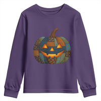 Halloween Blue Denim Patchwork Spooky Pumpkin Youth Sweatshirt - Wonder Print Shop