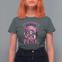 Breast Cancer Awareness T Shirt For Women In October We Wear Pink Halloween Butterfly Bat Murderer - Wonder Print Shop