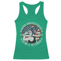Never Underestimate A Women Who Is Also A Veteran Racerback Tank Top Female Veteran - Wonder Print Shop
