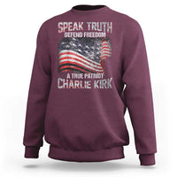 Speak Truth Defend Freedom A True Patriot Charlie Kirk Sweatshirt Vintage American Flag - Wonder Print Shop