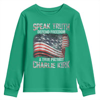 Speak Truth Defend Freedom A True Patriot Charlie Kirk Youth Sweatshirt Vintage American Flag - Wonder Print Shop