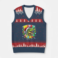 Funny Xmas Dinosaur V-Neck Knit Sweater Vest Merry Rexmas Dino Xmas Wreath - Wonder Print Shop