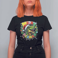 Funny Christmas Dinosaur T Shirt For Women Merry Rexmas Dino Xmas Wreath - Wonder Print Shop