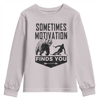 Funny Skiing Youth Sweatshirt Sometimes Motivation Finds You Ski Mountain Bear - Wonder Print Shop