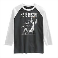 Funny Jesus American Football He Is Rizzin' Raglan Shirt