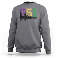 Funny Mardi Gras Mobile Alabama Sweatshirt 251 Skyline Area Code Glitter Print