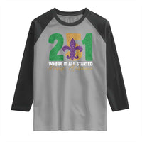 Funny Mardi Gras Mobile Alabama 251 Raglan Shirt Where It All Started Area Code Glitter Print
