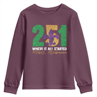 Funny Mardi Gras Mobile Alabama 251 Youth Sweatshirt Where It All Started Area Code Glitter Print