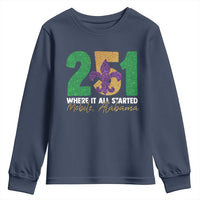Funny Mardi Gras Mobile Alabama 251 Youth Sweatshirt Where It All Started Area Code Glitter Print