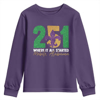 Funny Mardi Gras Mobile Alabama 251 Youth Sweatshirt Where It All Started Area Code Glitter Print